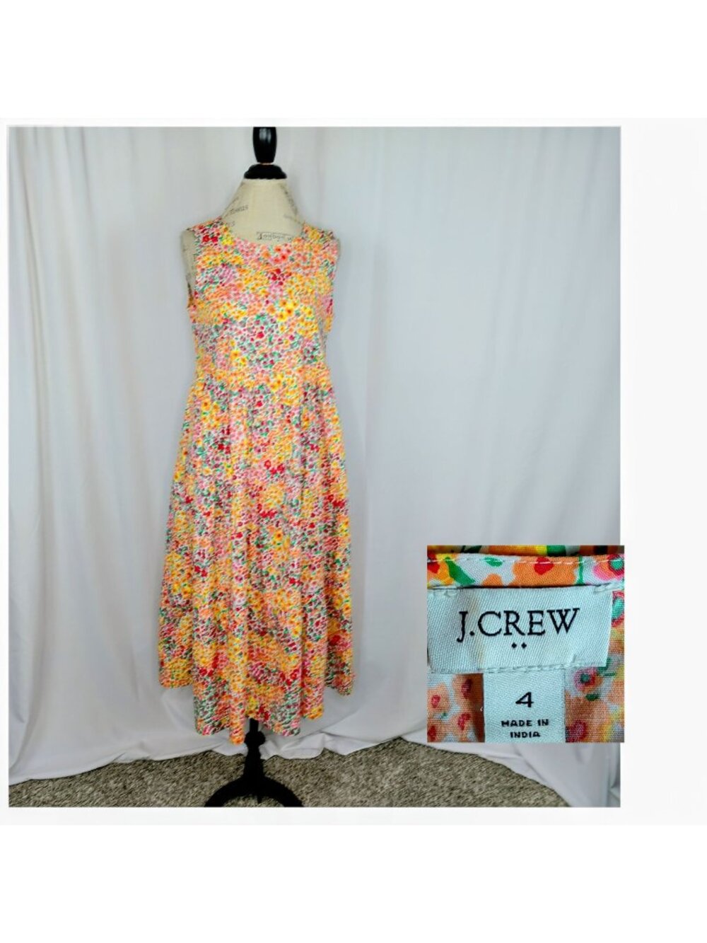 J. Crew Yellow Floral Midi Dress 4 Small Cotton